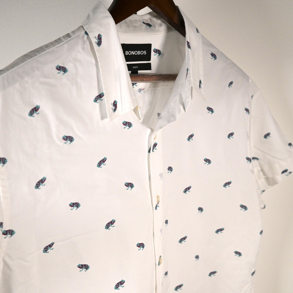 Bonobos Mens XL Slim Fit Short Sleeve Button Down Shirt White Frog Print Cotton